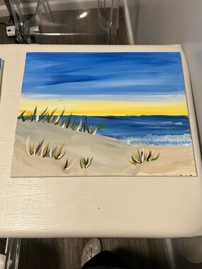 Coastal Sunrise Beach Art Print in Blue and Yellow